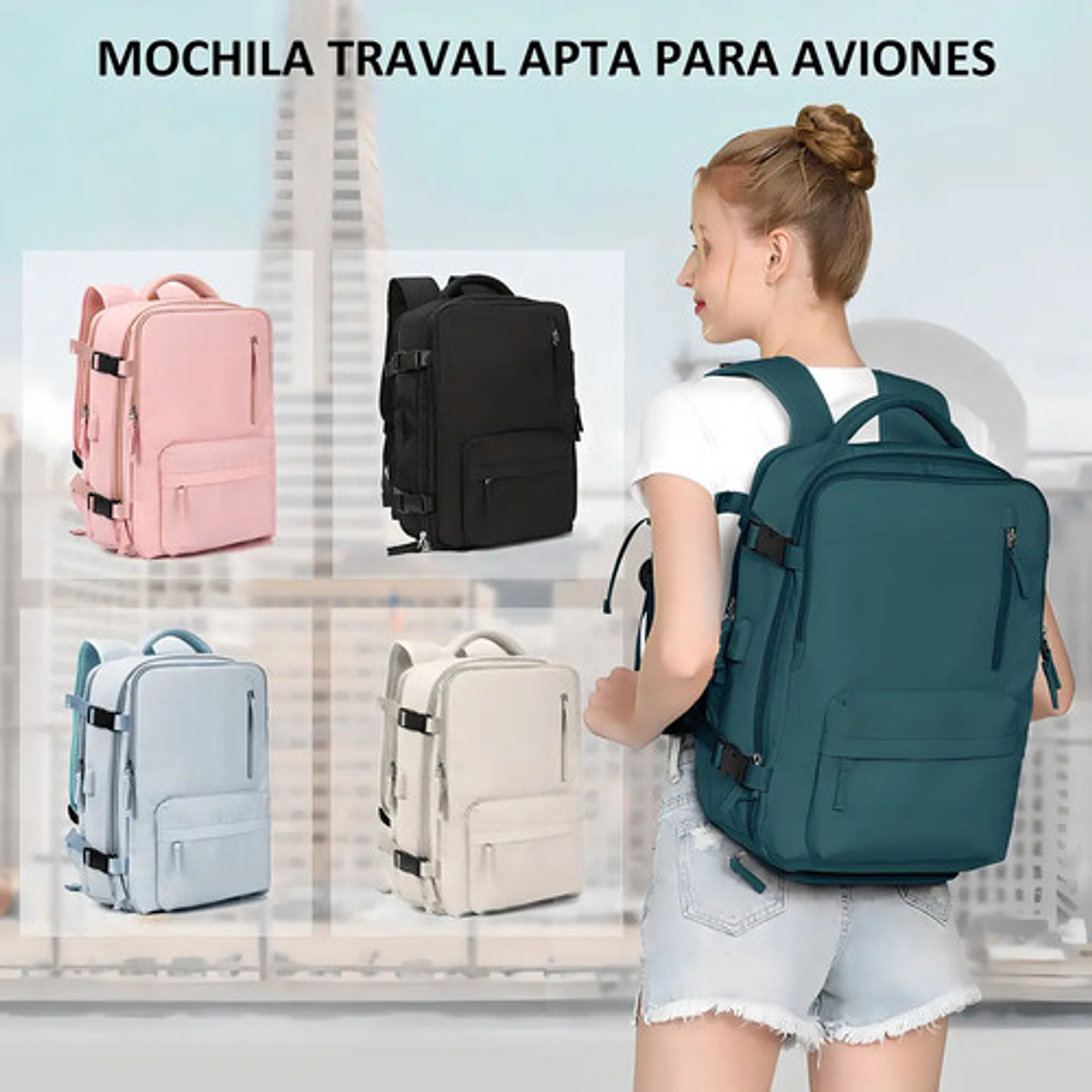 Mochila De Viaje De Gran Capacidad Con Hombros Usb Puerto Color Verde Oscuro Diseño De La Tela Liso 4