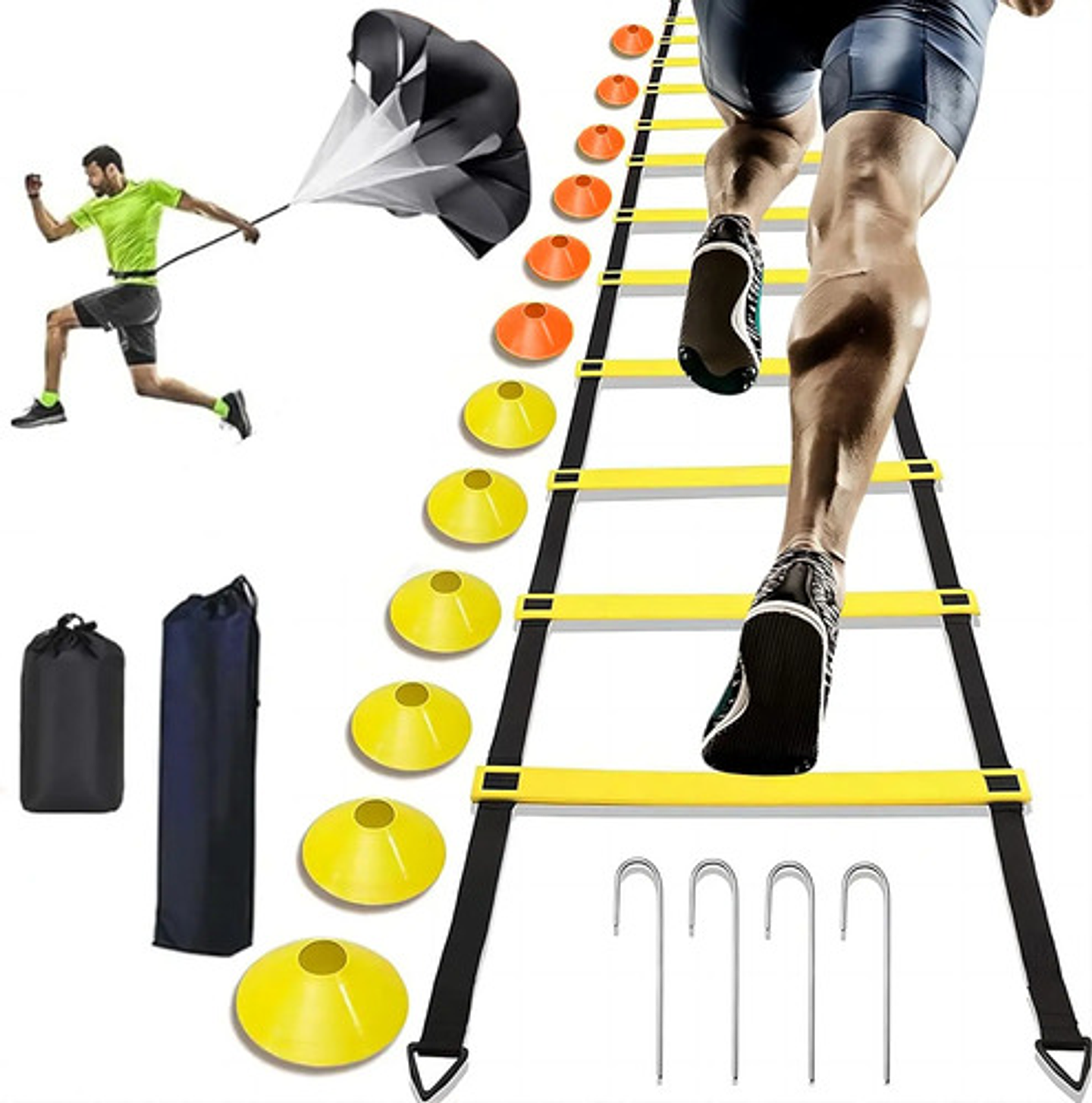 Kit De Entrenamiento Futbol Agilidad Escalera Cono Paracaída Amarillo 1