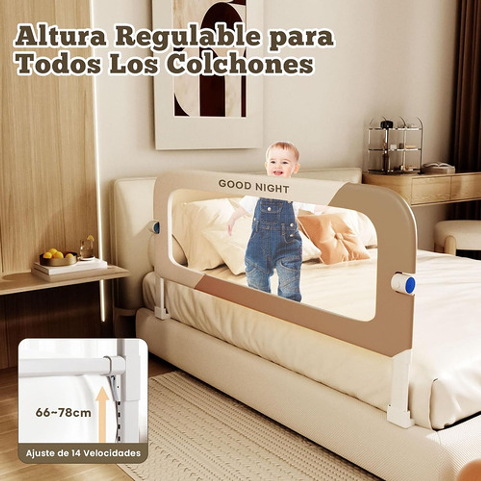 Baranda De Cama 180cm Seguridad Para Bebé Abatible Ajustable Gris Lisa 4