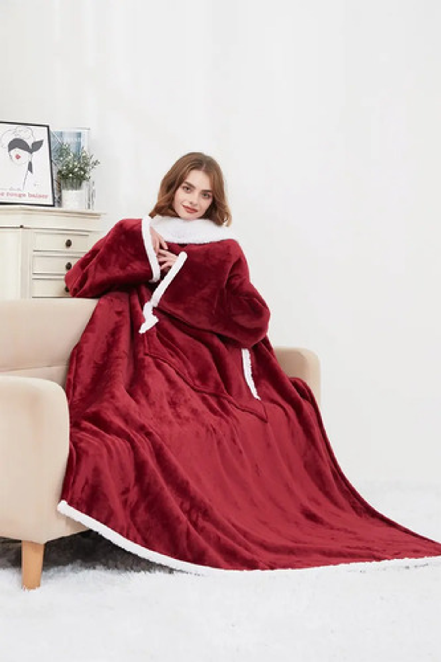 Manta De Sherpa Chiporro Con Mangas Y Bolsillo Para Los Pies 17