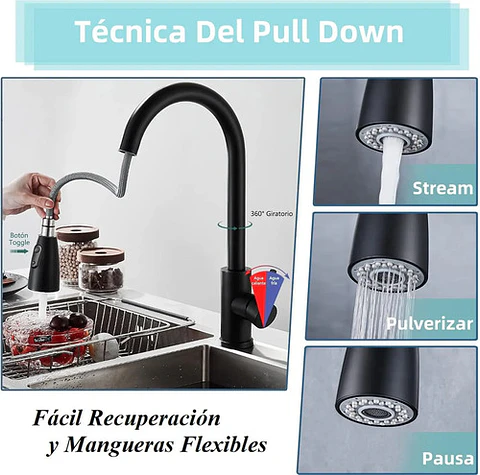 Llave Monomando Lavaplatos Extraíble Negra Flexible