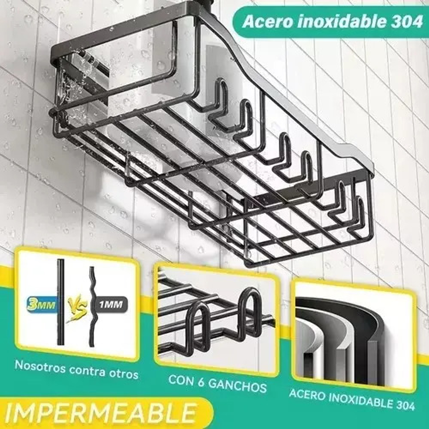 Organizador De Ducha Repisa Baño Adhesivo Set 8 Inoxidable 5