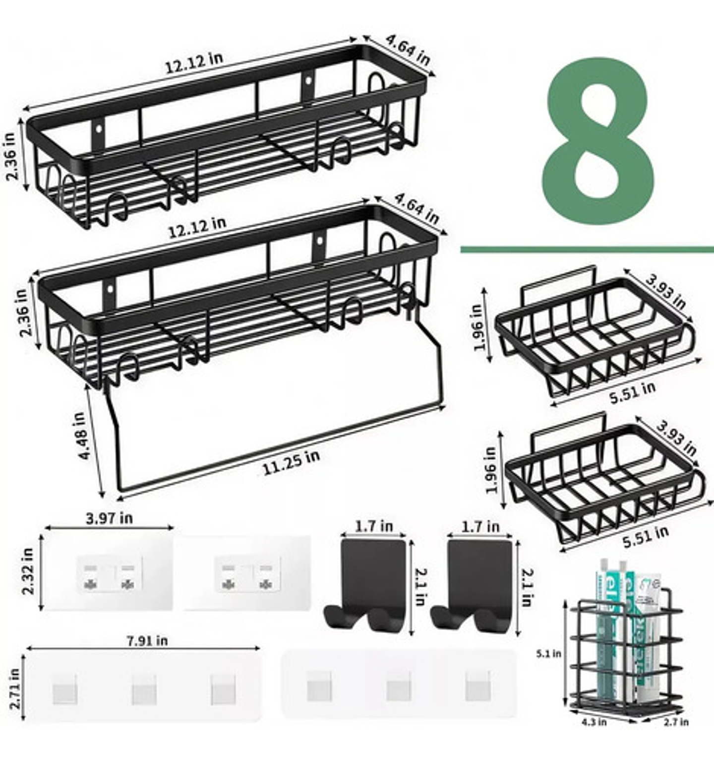 Organizador De Ducha Repisa Baño Adhesivo Set 8 Inoxidable 9