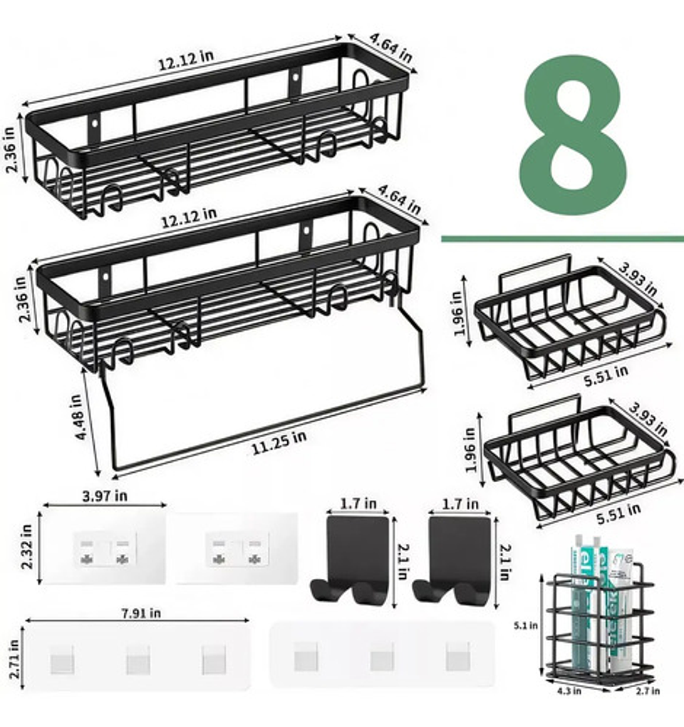 Organizador De Ducha Repisa Baño Adhesivo Set 8 Inoxidable 9