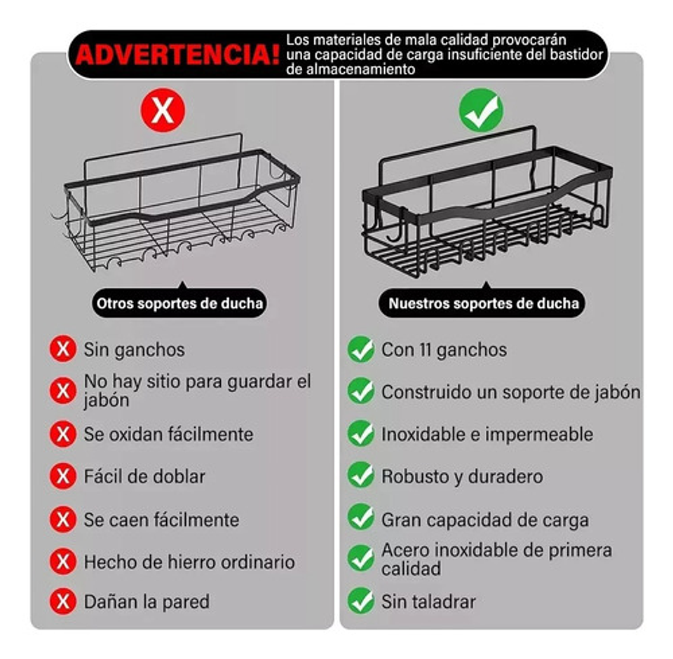 Organizador De Ducha Repisa Baño Adhesivo Set 8 Inoxidable 10