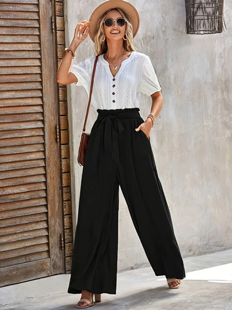 Pantalón Palazzo Mujer Elegantes Tiro Alto Pierna Ancha