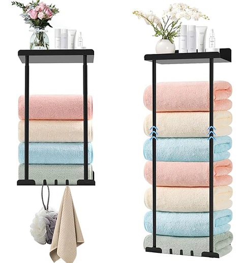 Toallero Con Estante Para Baño Montado En La Pared, Estante Retráctil De Metalcon Ganchos Fiables, Almacenamiento Para Toallas Enrolladas Negro