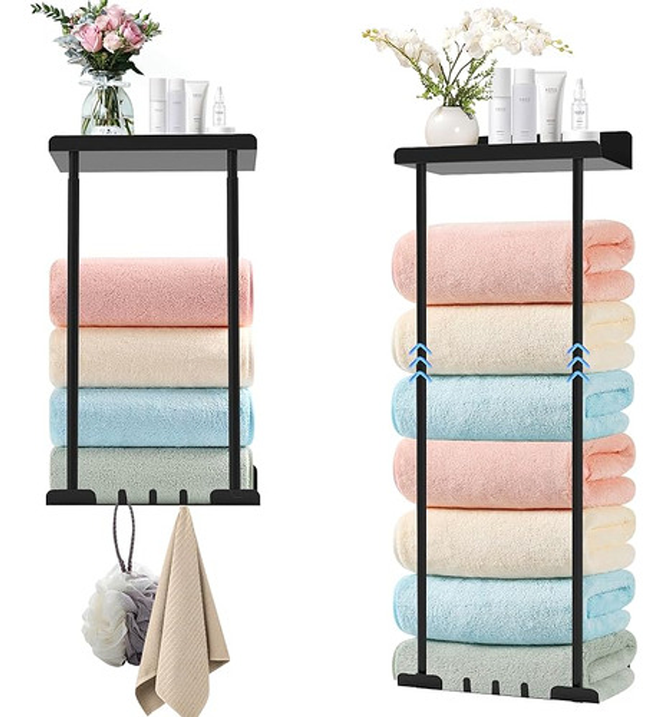 Toallero Con Estante Para Baño Montado En La Pared, Estante Retráctil De Metalcon Ganchos Fiables, Almacenamiento Para Toallas Enrolladas Negro 1