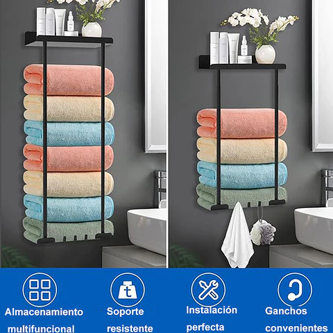 Toallero Con Estante Para Baño Montado En La Pared, Estante Retráctil De Metalcon Ganchos Fiables, Almacenamiento Para Toallas Enrolladas Negro