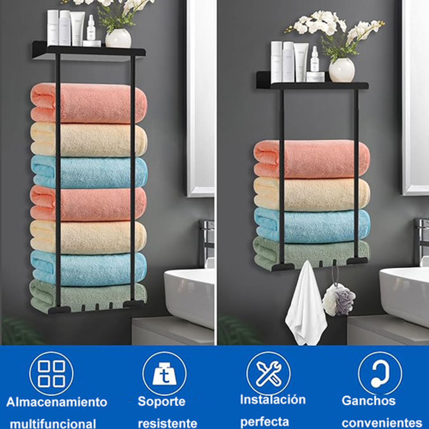 Toallero Con Estante Para Baño Montado En La Pared, Estante Retráctil De Metalcon Ganchos Fiables, Almacenamiento Para Toallas Enrolladas Negro 2