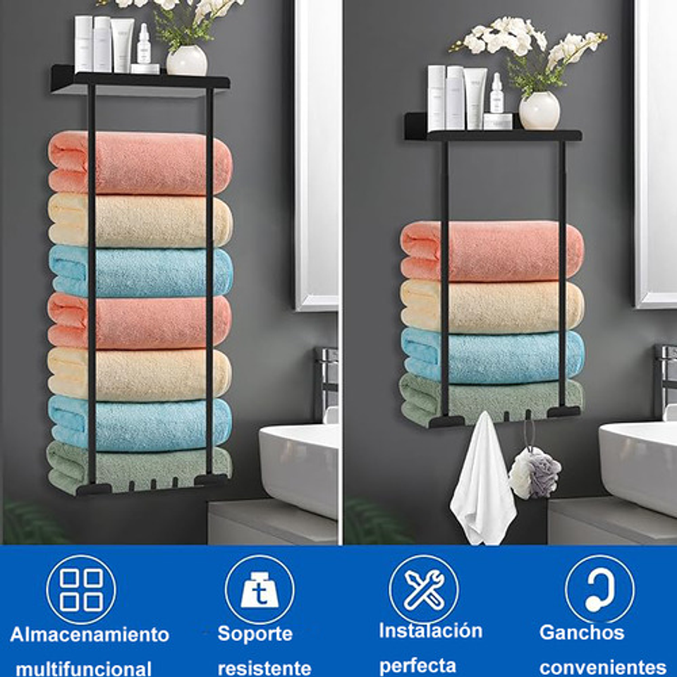 Toallero Con Estante Para Baño Montado En La Pared, Estante Retráctil De Metalcon Ganchos Fiables, Almacenamiento Para Toallas Enrolladas Negro 2