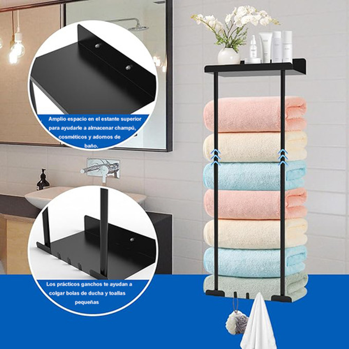 Toallero Con Estante Para Baño Montado En La Pared, Estante Retráctil De Metalcon Ganchos Fiables, Almacenamiento Para Toallas Enrolladas Negro 3