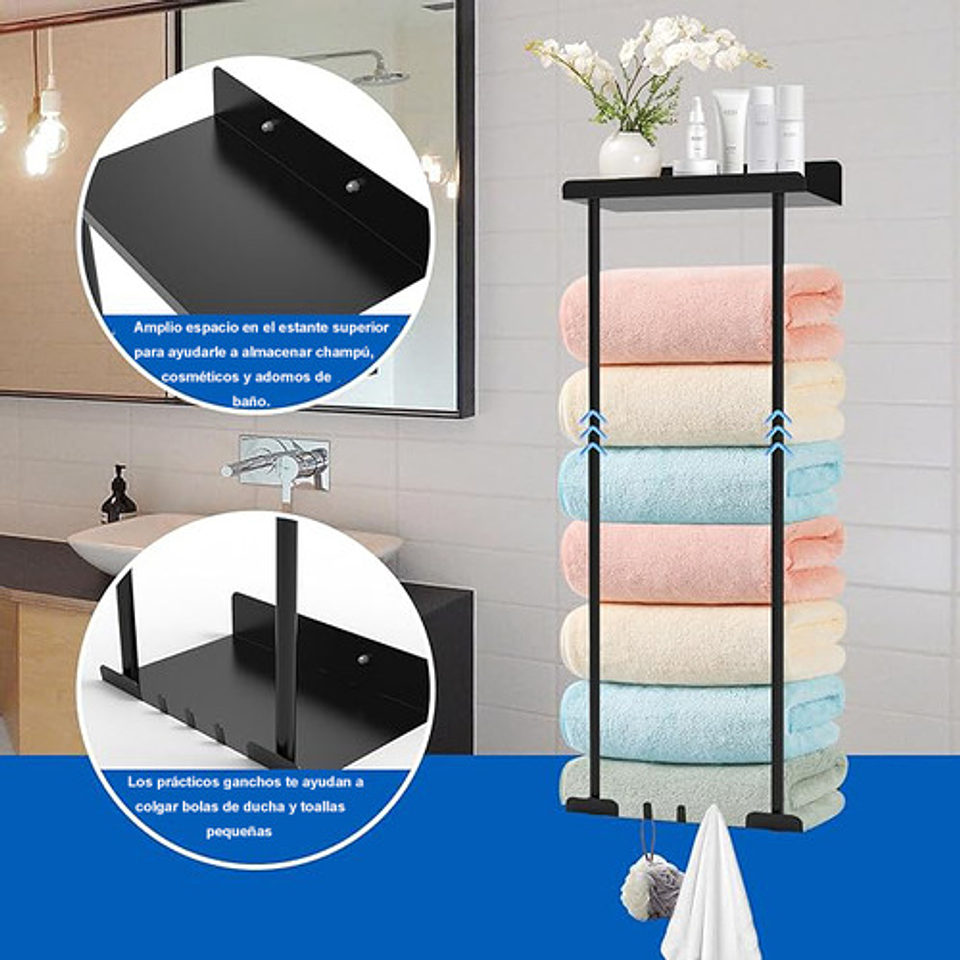 Toallero Con Estante Para Baño Montado En La Pared, Estante Retráctil De Metalcon Ganchos Fiables, Almacenamiento Para Toallas Enrolladas Negro 3