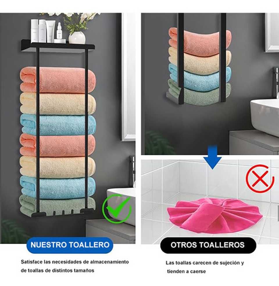 Toallero Con Estante Para Baño Montado En La Pared, Estante Retráctil De Metalcon Ganchos Fiables, Almacenamiento Para Toallas Enrolladas Negro 4