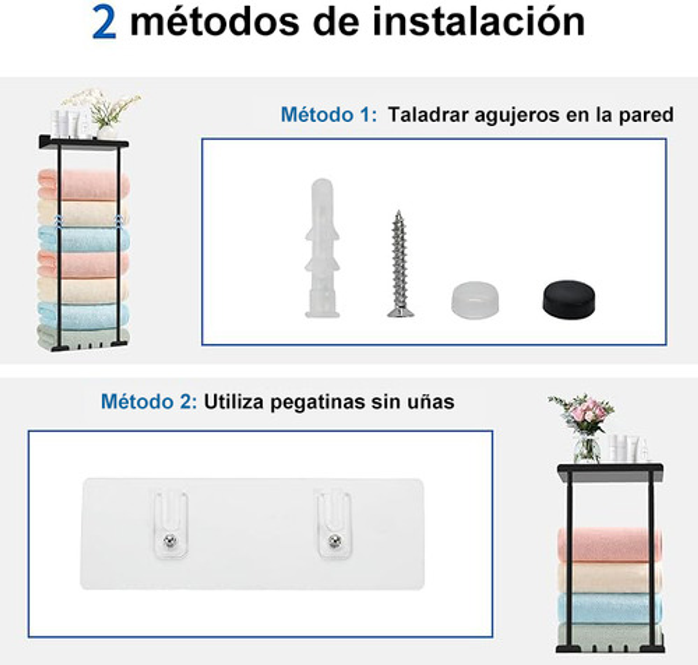 Toallero Con Estante Para Baño Montado En La Pared, Estante Retráctil De Metalcon Ganchos Fiables, Almacenamiento Para Toallas Enrolladas Negro 6