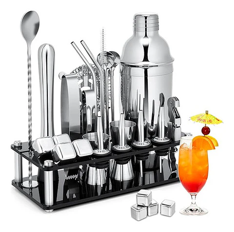 23 Piezas Cocktail Bartender Kit, Coctelera Profesional Utensilios De Bar, Cocteleras De Cóctel 750 Ml, Con Soporte De Acrílico Para Mezclar Bebidas, Hogar, Bar, Fiesta Plateado
