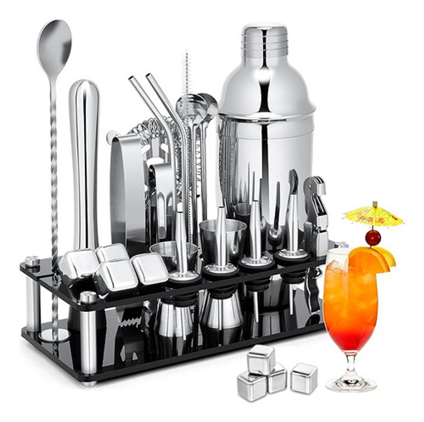 23 Piezas Cocktail Bartender Kit, Coctelera Profesional Utensilios De Bar, Cocteleras De Cóctel 750 Ml, Con Soporte De Acrílico Para Mezclar Bebidas, Hogar, Bar, Fiesta Plateado 1