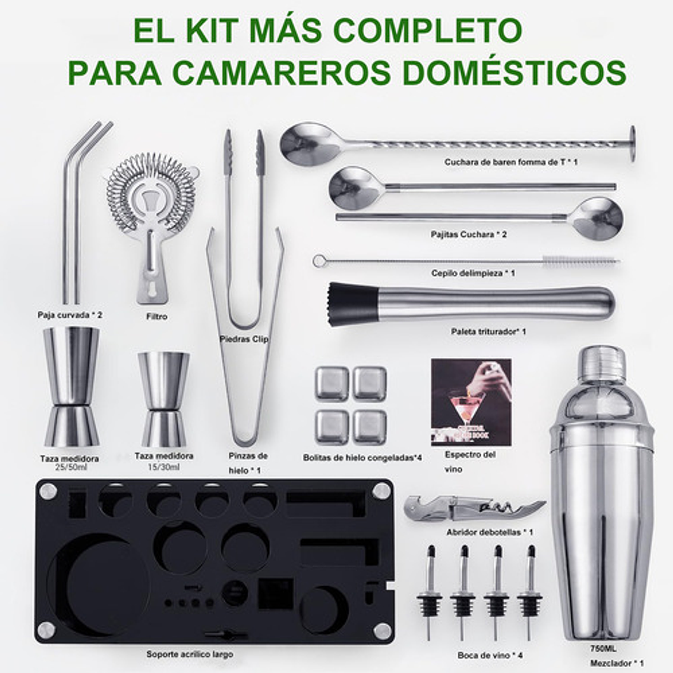 23 Piezas Cocktail Bartender Kit, Coctelera Profesional Utensilios De Bar, Cocteleras De Cóctel 750 Ml, Con Soporte De Acrílico Para Mezclar Bebidas, Hogar, Bar, Fiesta Plateado 3