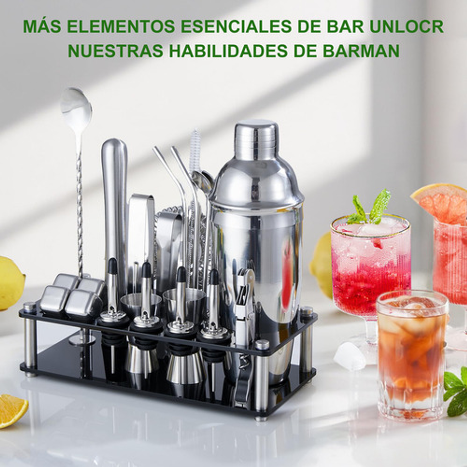 23 Piezas Cocktail Bartender Kit, Coctelera Profesional Utensilios De Bar, Cocteleras De Cóctel 750 Ml, Con Soporte De Acrílico Para Mezclar Bebidas, Hogar, Bar, Fiesta Plateado 5