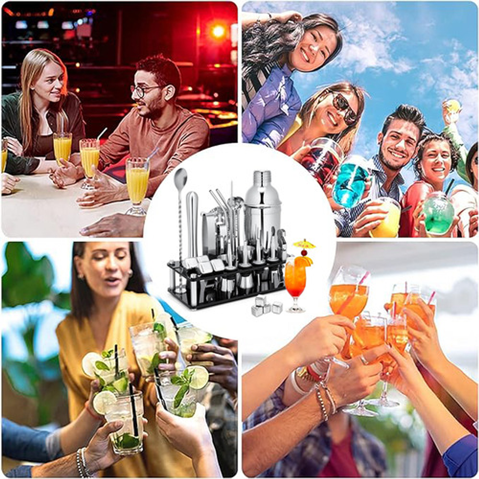 23 Piezas Cocktail Bartender Kit, Coctelera Profesional Utensilios De Bar, Cocteleras De Cóctel 750 Ml, Con Soporte De Acrílico Para Mezclar Bebidas, Hogar, Bar, Fiesta Plateado 8
