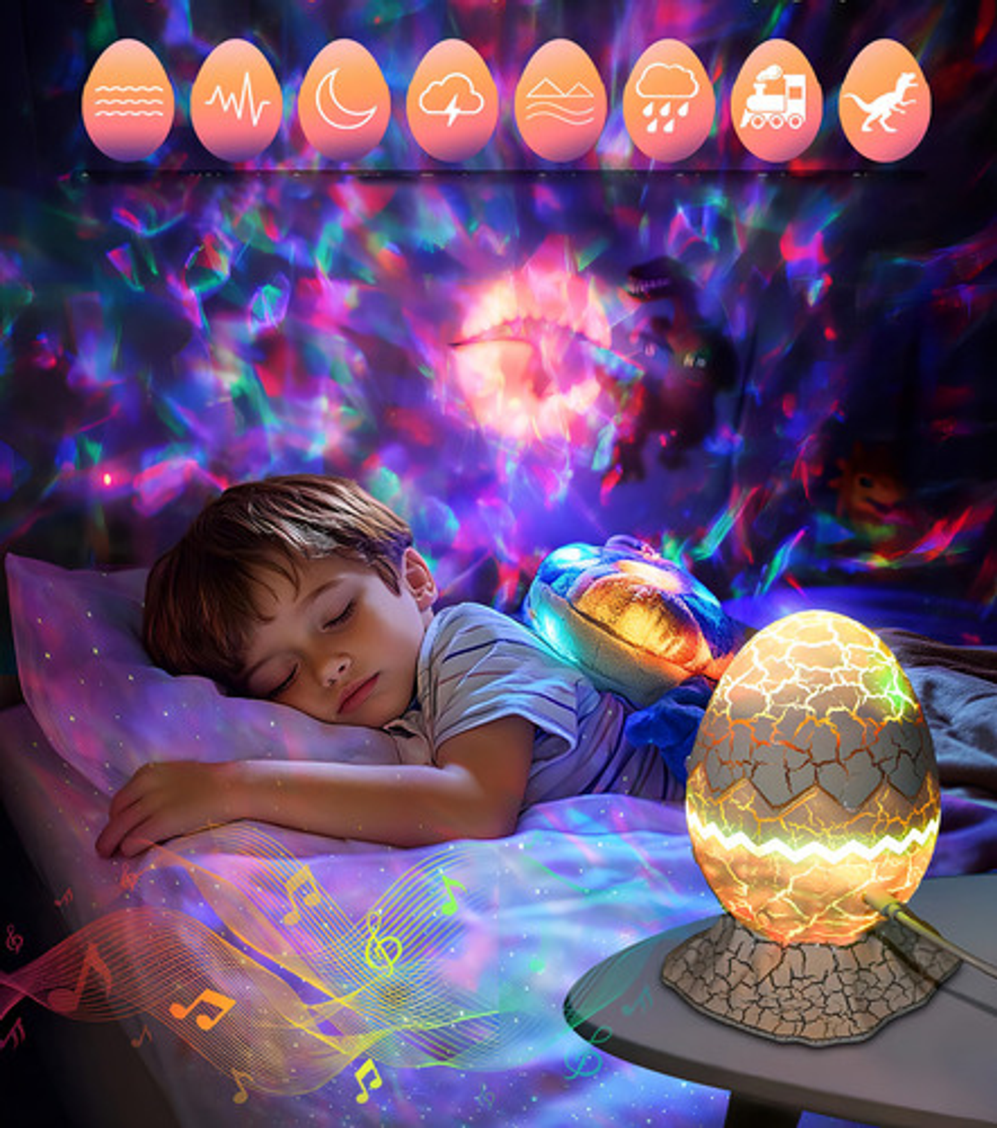 Lámpara Led Proyector De Estrellas Dinosaurio Malltradecl Con Altavoz Bluetooth Y Ruido Blanco Multicolor 8