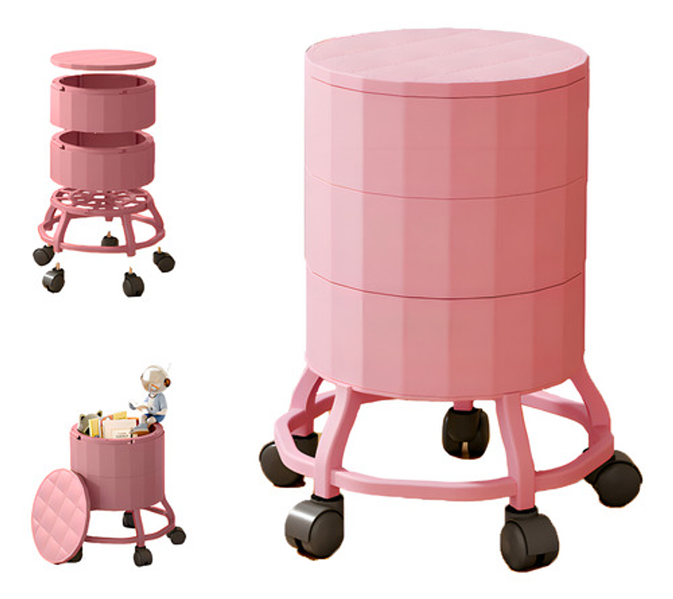 Taburete Multifuncional Rosa Malltradecl 3 Niveles Con Baulera Y Ruedas 1