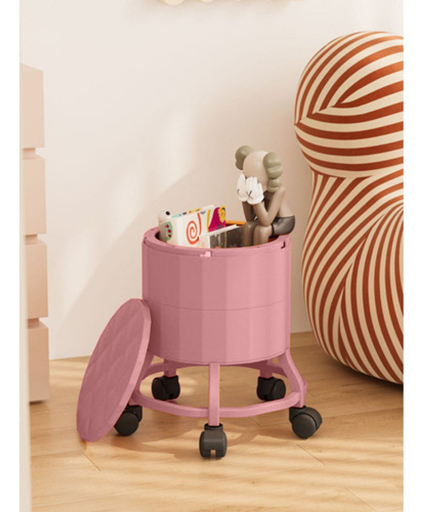 Taburete Multifuncional Rosa Malltradecl 3 Niveles Con Baulera Y Ruedas 4
