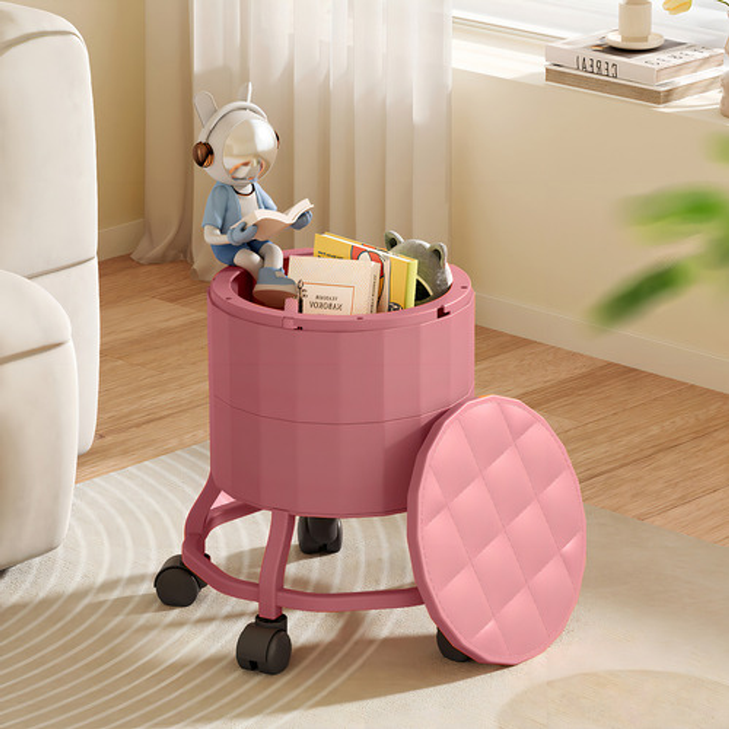 Taburete Multifuncional Rosa Malltradecl 3 Niveles Con Baulera Y Ruedas 7