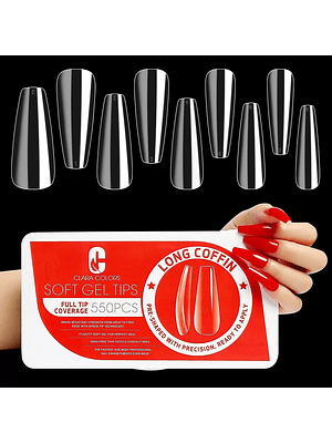 CLARA COLORS TIPS SOFT GEL 550 UNID LONG COFFIN (RED) 