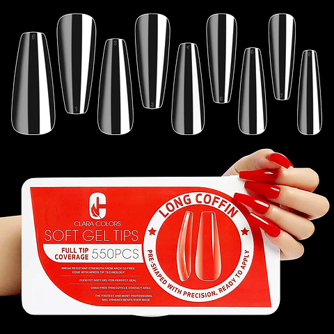 CLARA COLORS TIPS SOFT GEL 550 UNID LONG COFFIN (RED) 