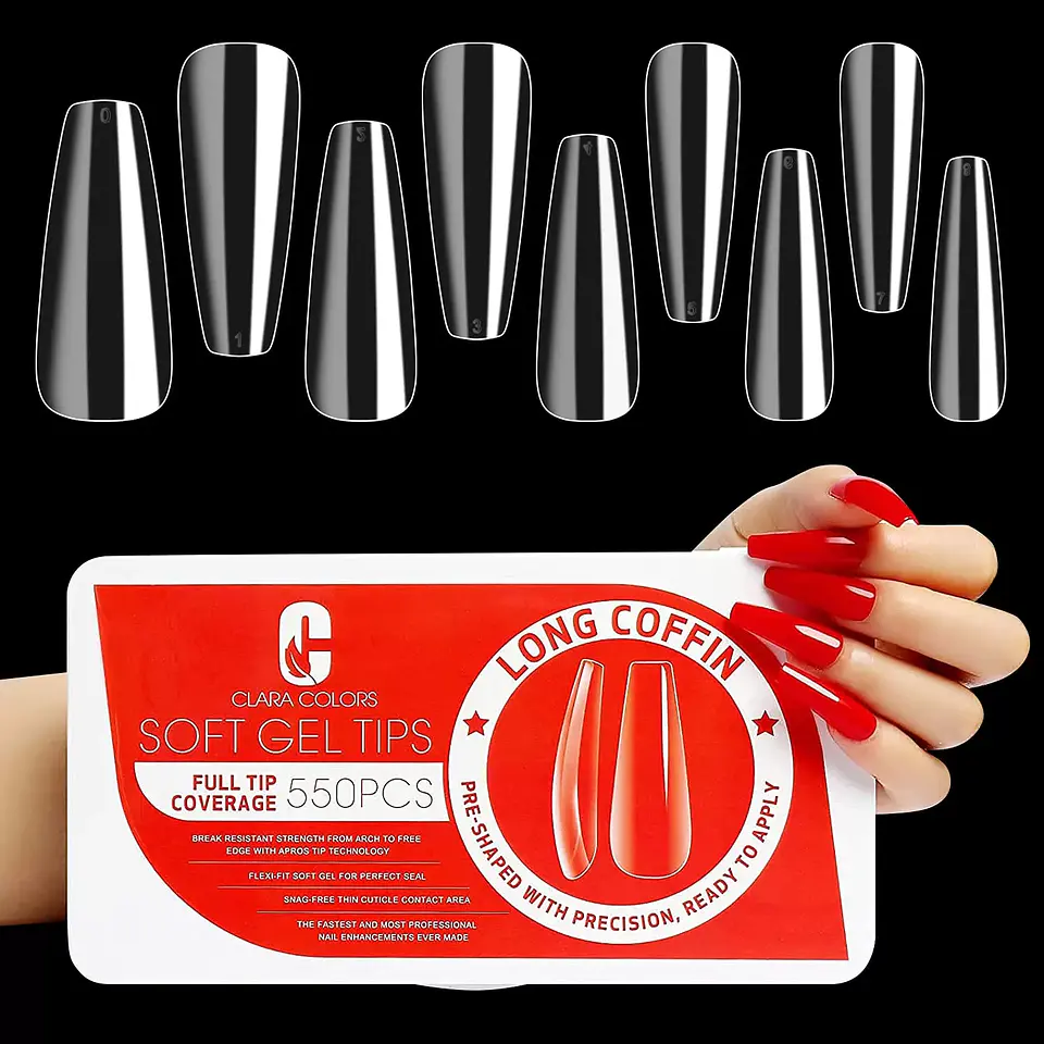 CLARA COLORS TIPS SOFT GEL 550 UNID LONG COFFIN (RED)  1