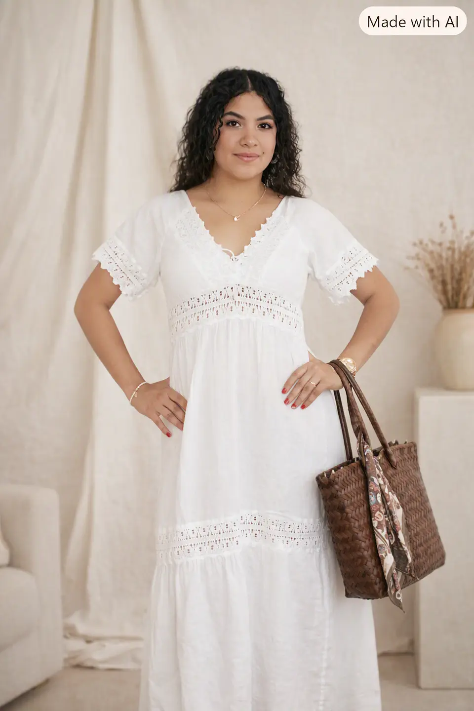 Vestido manga corta cuello V encaje  1