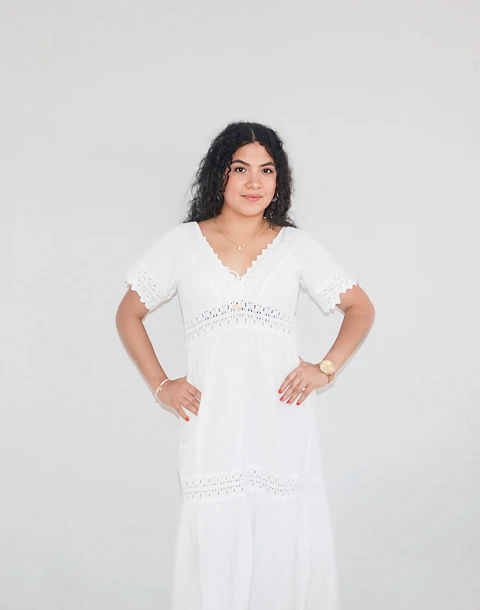 Vestido manga corta cuello V encaje 