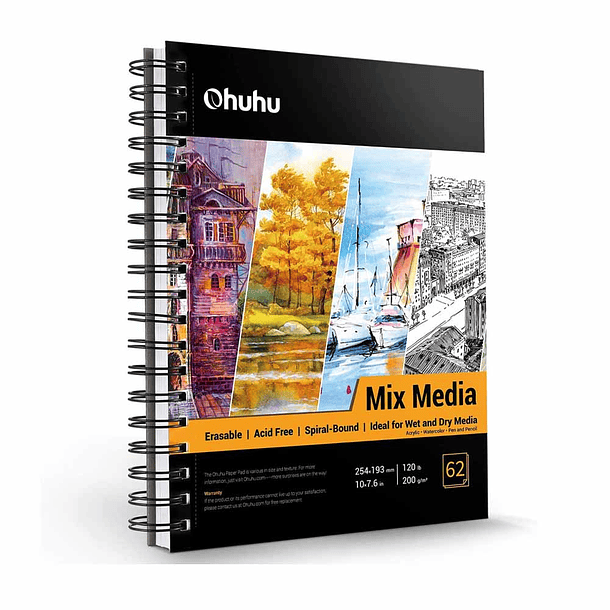 OHUHU BLOCK MIX MEDIA PAD PARA TÉCNICAS SECAS & HÚMEDAS (25 X 19 CM, 62 H) 1