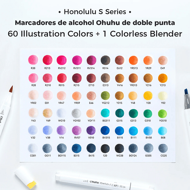OHUHU 60 MARCADORES ARTÍSTICOS A BASE DE ALCOHOL SERIE HONOLULU S (PINCEL Y BISELADA SUAVE) 3