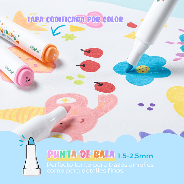 OHUHU 24 MARCADORES ACRÍLICOS LAVABLES PARA NIÑOS PUNTA BALA 6