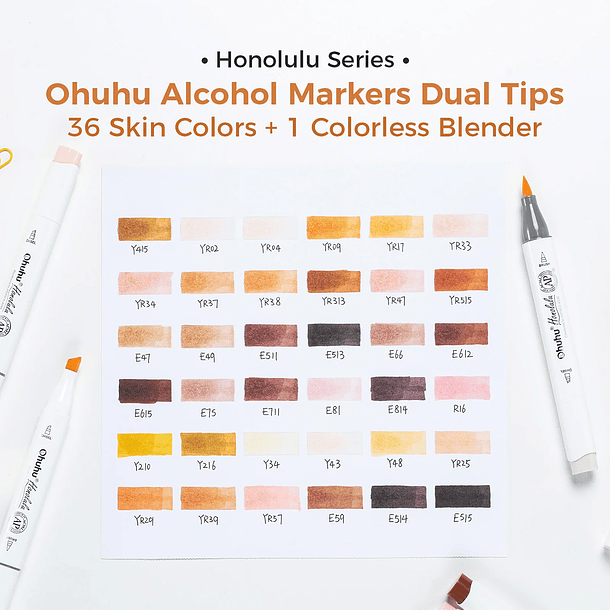 OHUHU 36 MARCADORES BASE ALCOHOL TONOS PIEL PINCEL & FINA 3