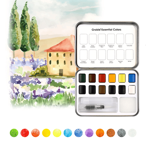 SET DE ACUARELA DE BOLSILLO DE 12 COLORES CON PINCEL ESSENTIAL COLORS  2