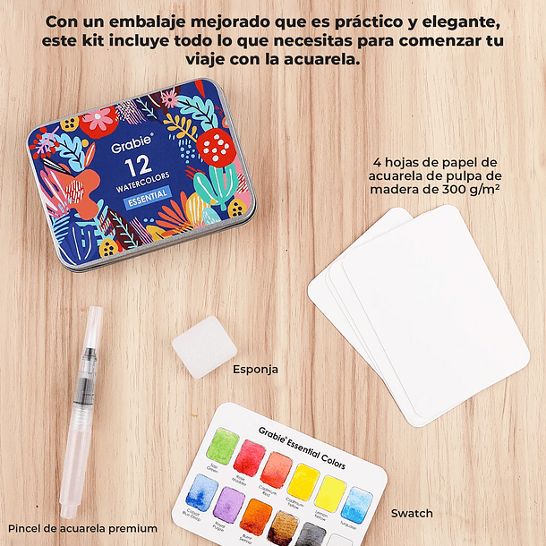 SET DE ACUARELA DE BOLSILLO DE 12 COLORES CON PINCEL ESSENTIAL COLORS  6