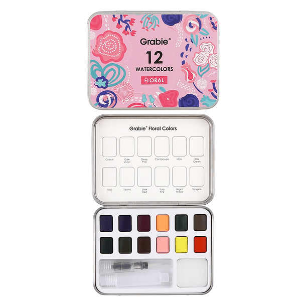 SET DE ACUARELA DE BOLSILLO DE 12 COLORES CON PINCEL COLORES FLORALES  1
