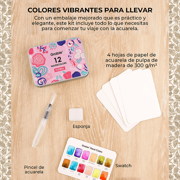 SET DE ACUARELA DE BOLSILLO DE 12 COLORES CON PINCEL COLORES FLORALES  6
