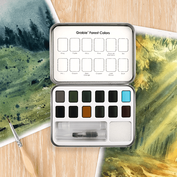 SET DE ACUARELA DE BOLSILLO DE 12 COLORES CON PINCEL COLORES DEL BOSQUE  4