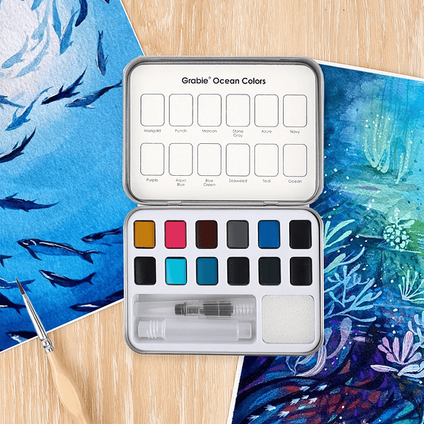 SET DE ACUARELA DE BOLSILLO DE 12 COLORES CON PINCEL COLORES DEL OCÉANO  7