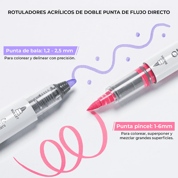 WAIMOKU 24 MARCADORES PINTURA ACRÍLICA FLUJO DIRECTO DOBLE PUNTA PINCEL Y BALA 4