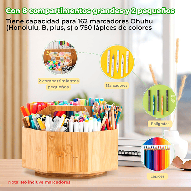 OHUHU ORGANIZADOR DE MARCADORES GIRATORIO DE BAMBÚ DE 360° 7