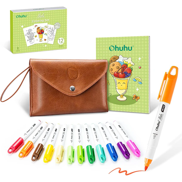 OHUHU SET DE VIAJE 12 MINI MARCADORES PINCEL + LIBRO + ESTUCHE 1