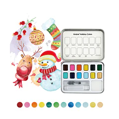 SET DE ACUARELA DE BOLSILLO DE 12 COLORES CON PINCEL COLORES NAVIDEÑOS