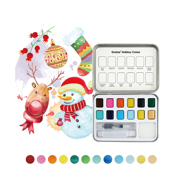 SET DE ACUARELA DE BOLSILLO DE 12 COLORES CON PINCEL COLORES NAVIDEÑOS 