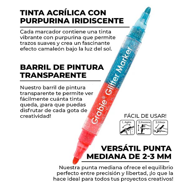 Set de 8 Marcadores Acrílicos de Doble Tono con Glitter Iridiscente (16 colores) 2