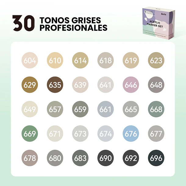 ARRTX MARCADORES ACRÍLICOS DE 30 COLORES GRISES (PUNTA PINCEL) 2